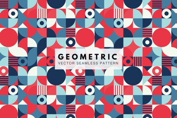 Neo geo seamless pattern. Colorful square and circle geometric shapes. Vector trendy red and blue colored abstract background