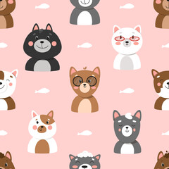Set of different cats, seamless pattern with cats, cute pets pattern, different cats. illustration in flat style, cat face 