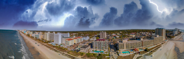 Obraz premium Myrtle Beach aerial panoramic view with storm approaching, South Carolina, USA