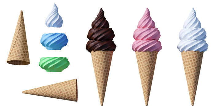 Soft serve ice cream in cone. Set, collection isolated on transparent white background