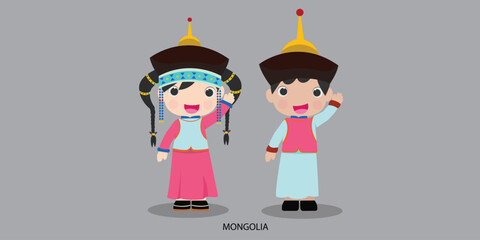 mongolia in  dress with a flag. Man and woman in traditional costume. Travel to  mongolia . People.