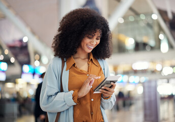 Black woman at airport, travel and passport with smartphone, excited for holiday and plane ticket...