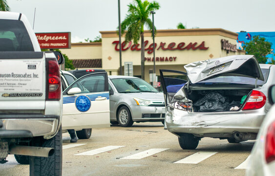 Coral Gables, FL - February 1, 2016: Rear part of the car destroyed in an accident