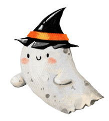 Cute watercolor hand drawn ghost for halloween holiday party. Autumn fall spooky scary aquarelle childish characters, pumpkin decoration.