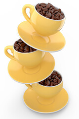 Ceramic coffee cup with coffee beans for americano, espresso, latte on white