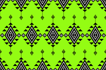 Aztec motif geometric ethnic seamless repeat pattern. American, Indian, Mexican, Peruvian, African style with green neon background. Design for clothing, bag, fashion, accessories, textile, fabric.