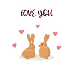 Two rabbits. Loving cartoon rabbits. Romantic postcard design. Vector illustration. Drawing in pastel colors.