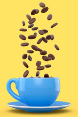 Ceramic coffee cup with coffee beans for americano, espresso, latte on yellow