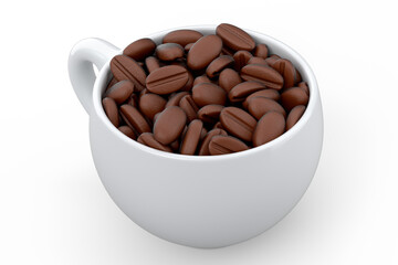 Ceramic coffee cup with coffee beans for americano, espresso, latte on white