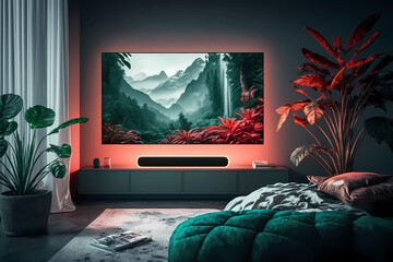 Modern bed room with big tv. Interior design. Generative ai.