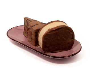 Piece of chocolate cake isolated on white background. A slice of chocolate cake.