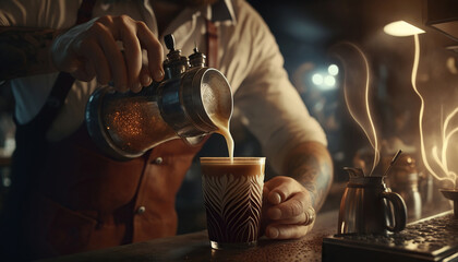 Fototapeta na wymiar Hands of barista making coffee in bar. Generative AI