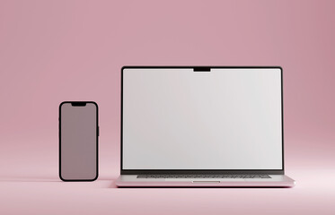 High end phone and laptop on pink studio backdrop. Blank mockup template screen. 