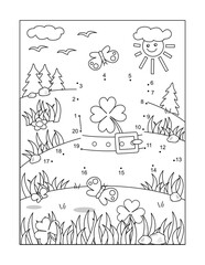 St. Patrick's Day dot-to-dot hidden picture puzzle and coloring page, poster, or activity sheet with leprechaun's top hat 