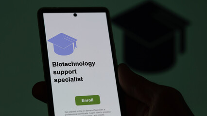 Biotechnology support specialist program. A student enrolls in courses to study, to learn a new skill and pass certification. Text in English