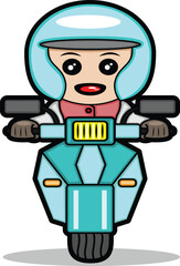 a cartoon illustration of a happy and cheerful motorbike driver
