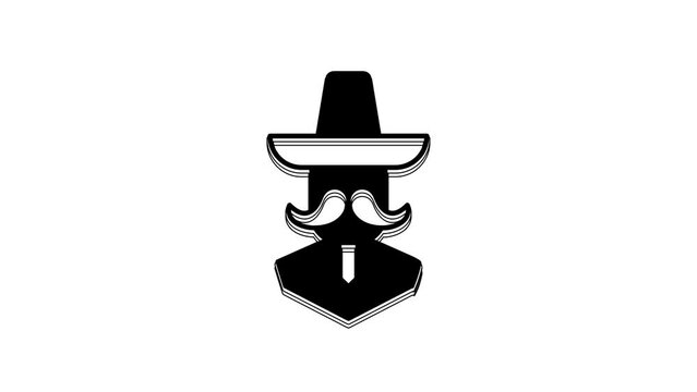 Black Mexican man wearing sombrero icon isolated on white background. Hispanic man with a mustache. 4K Video motion graphic animation