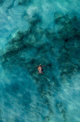 Turtle taking a breath on the surface. Green turtle swimming in the blue clear water of Exmouth in the Ningaloo, Western Australia. Top down view with a drone.