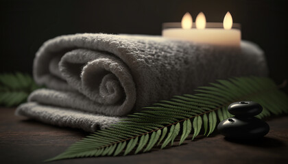 Obraz na płótnie Canvas Towel on fern with candles and black hot stone on wooden background. Generative AI