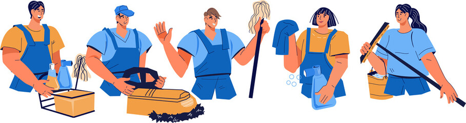 Cleaning company staff characters.  Professional cleaning service. - obrazy, fototapety, plakaty