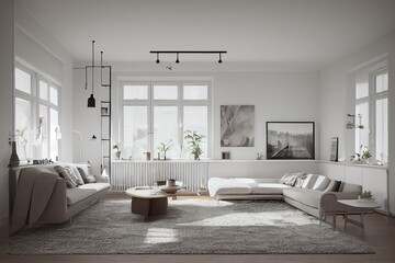 Naklejka na ściany i meble Stylish scandinavian living room with design mint sofa, furnitures, mock up poster map, plants and elegant personal accessories. Modern home decor. Bright and sunny room. Generative AI illustration.