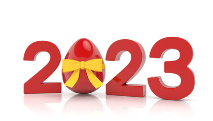 3d rendering of year 2023 in red with number zero as red easter egg with yellow bow, on white reflective background. Vacation concept.