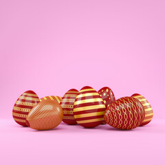 3d render of 8 red and gold easter eggs on pink background. - Vacation background