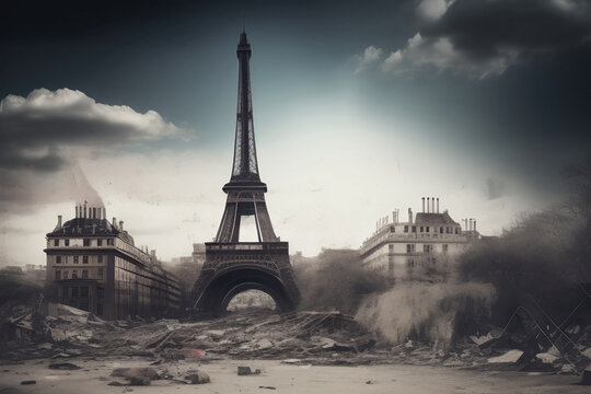 Paris et la tour eiffel arp&egrave;s un bombardement pendant la guerre - generative AI