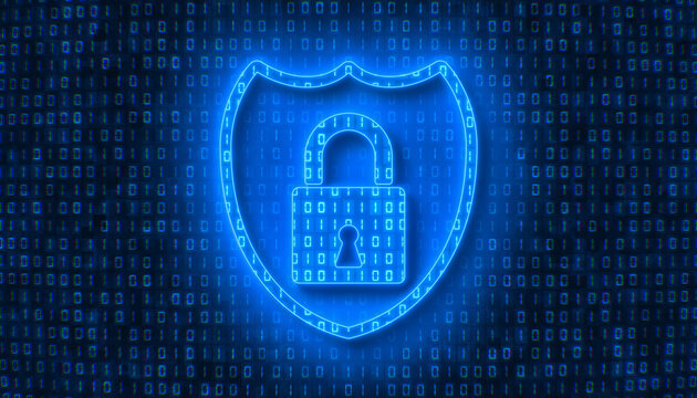 Illustation - Protect sign in light blue and in the background in dark blue a coding of binary code. - abstract background