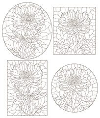 Set of contour illustrations in stained glass style with flowers and dragonflies, dark outlines on a white background