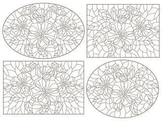 Set of contour illustrations of stained glass Windows with branches of a flowering Apple tree, dark outlines on a white background