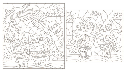 Fototapeta premium A set of contour illustrations in the style of stained glass with cute cartoon owls and cats, dark contours on a white background