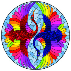 Stained glass illustration with two abstract birds in the form of yang yin, on a blue sky background, round image
