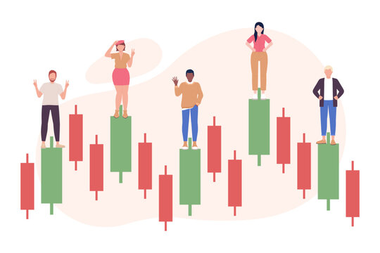 Stock trends loader flat concept vector illustration. Investors on candlestick chart. Flash message with flat 2D characters on cartoon isolated background. Editable image for mobile, website UX design