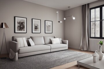 Fototapeta premium Stylish scandinavian living room with design mint sofa, furnitures, mock up poster map, plants and elegant personal accessories. Modern home decor. Bright and sunny room. Generative AI illustration.