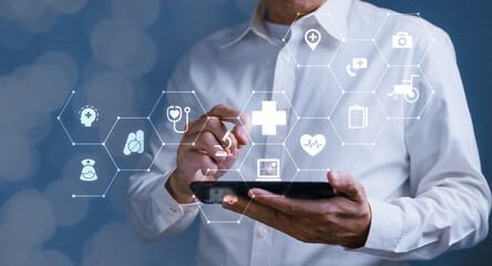 Businessman using mobile phone with modern interface and touching medical service network connection icons - obrazy, fototapety, plakaty