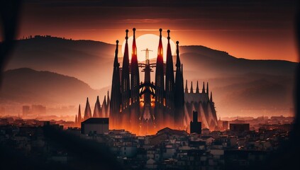 Naklejka premium Barcelona's dreamy allure: golden glowing sunset skyline