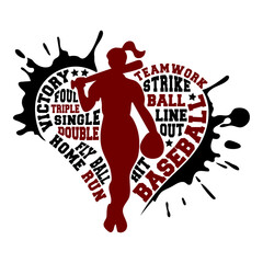 Heart with player silhouette and phrases sports design for baseball fans. Women version. Baseball theme design for sport lovers stuff and perfect gift for players and fans