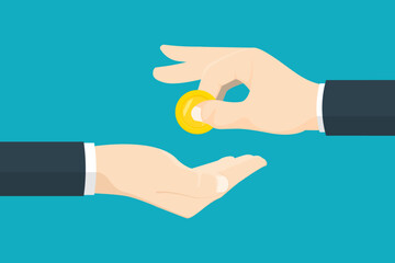 Donation money coin concept, Business human hand with gold coin on isolated background, Digital marketing illustration.