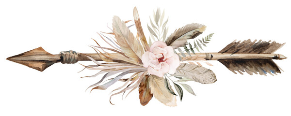  Watercolor arrow with tropical leaves and flowers bouquet, brown and beige Boho Wedding illustration © katrinshine