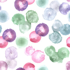 Hand drawn watercolor green, violet, blue round spots as seamless pattern. Aquarelle abstract background for print wrapper, fabric, web design invitation cards