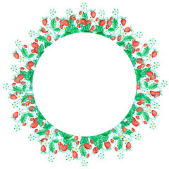 Watercolor hand drawn painted illustrated frame with red ripe mature strawberries with green leaves and copy space in the middle. Mock up with sweet berries.