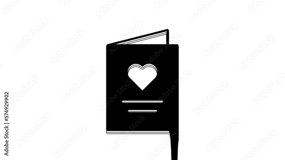 Sticker Black Postcard with heart icon isolated on white background. Message love. Letter love and romance. 4K Video motion graphic animation