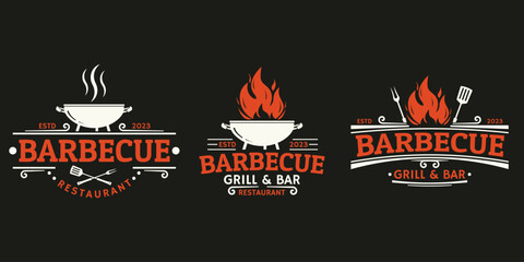 Barbeque logo set. BBQ icon or label. Grill bar, restaurant, steak house vintage badge design with fire flame, grill fork and spatula. Vector illustration.