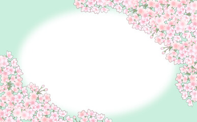 桜の楕円フレーム-うぐいす色背景