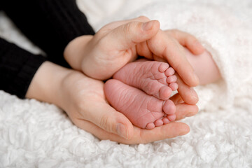 close-up of baby feet in mother's hands