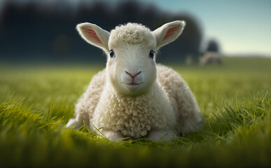 Obraz premium Cute Easter Lamb resting in green meadow grass in soft morning light. Shallow depth of field, Generative AI.