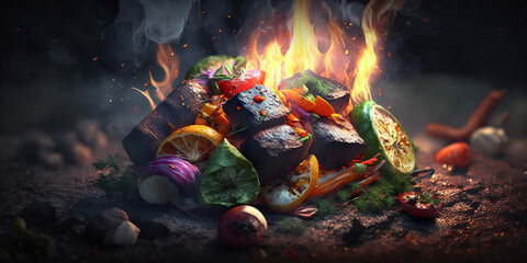 Roasted grill vegetables on a black background. Generative AI