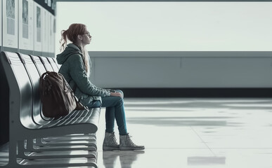 Girl or woman waiting in the Airport or at the Train station. Artistic look, Not a real person. Illustrative, Generative AI.