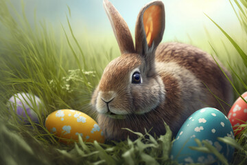 Cute little rabbit with Easter eggs in flowers meadow. AI Generative